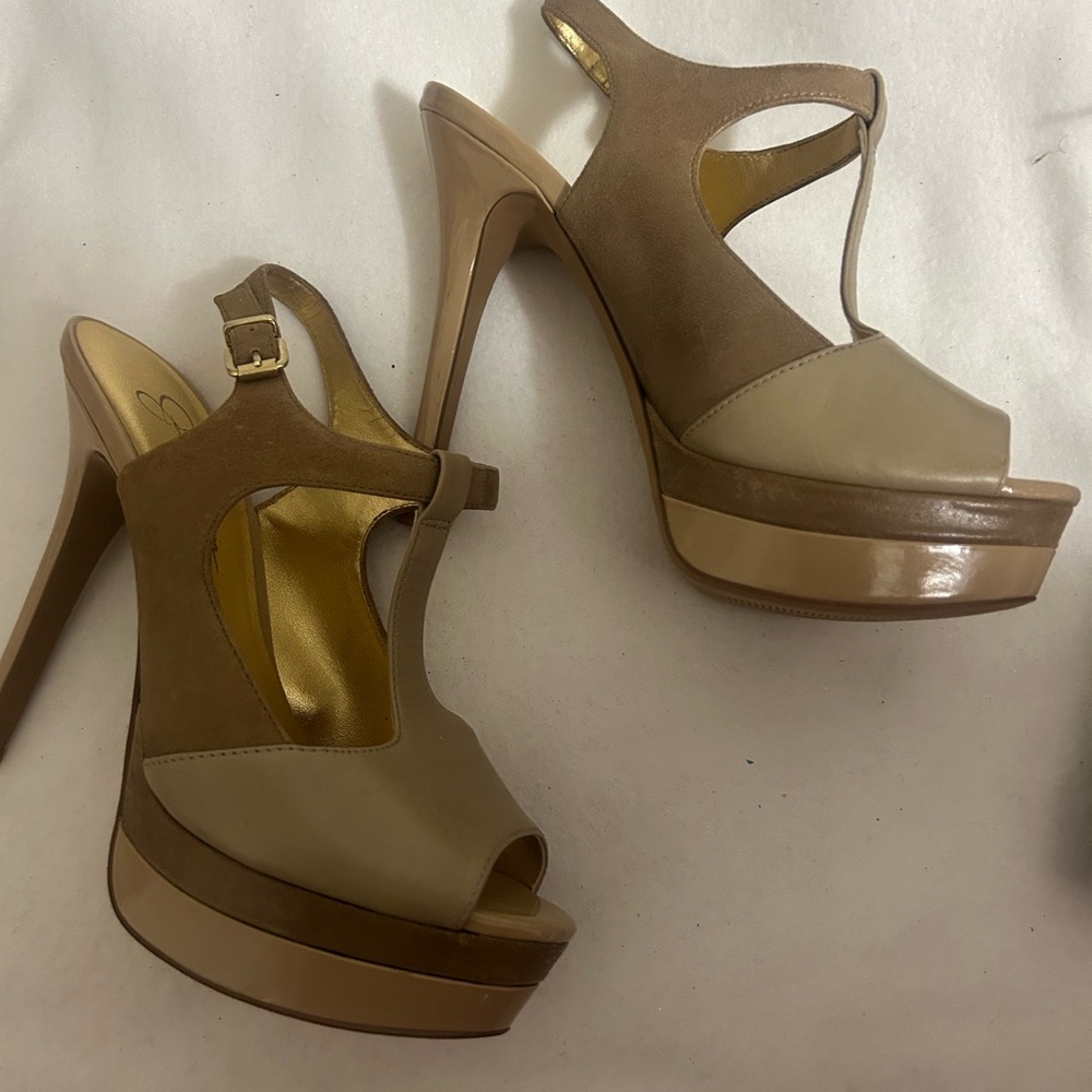 Jessica Simpson Tan and Cream Platform Heels #2945